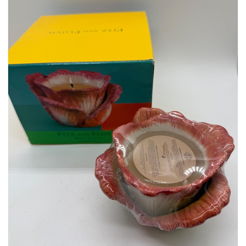 Fitz & Floyd Pink Cup & Saucer Candle Small Floral Hand-Molded Ceramic